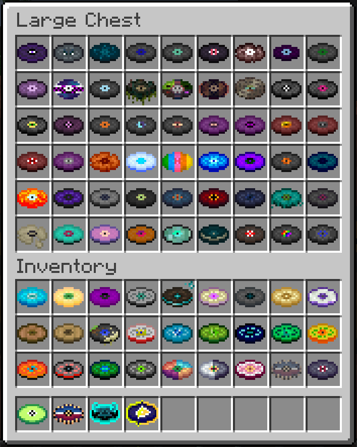 An image showing all of the currently obtainable discs in the mod