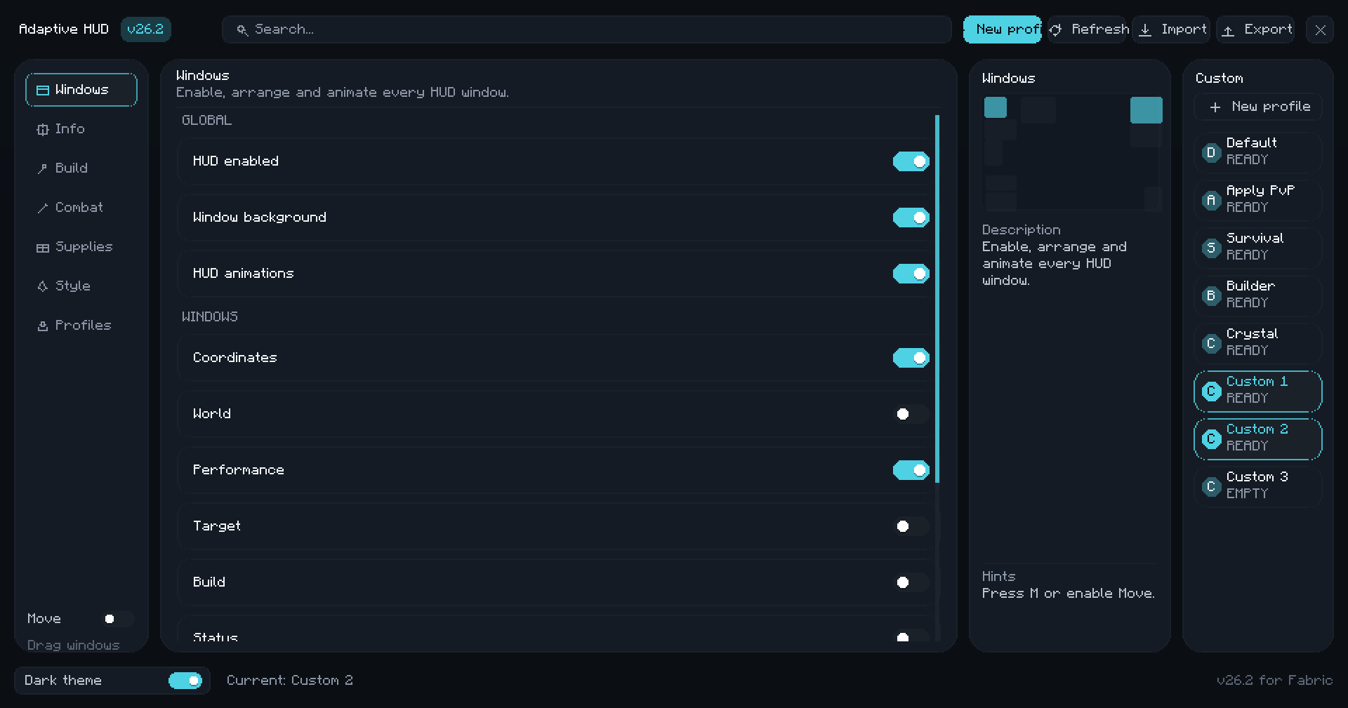 Modern Adaptive HUD editor showing categories, search, profiles and HUD window preview.