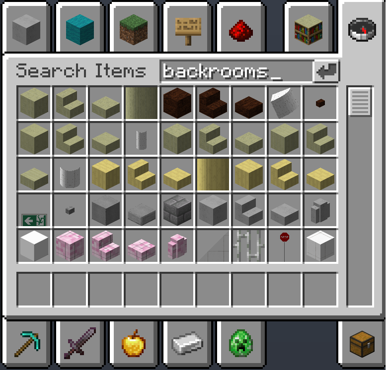 Minecraft creative menu open with "Backrooms" in the search bar