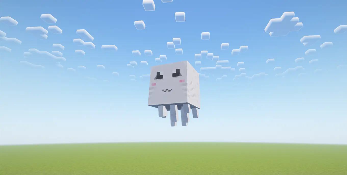 A centered shot looking at the horizon with the Happy Ghast - Better Redesign equipped showcasing the new 1.21.6 ghast face.