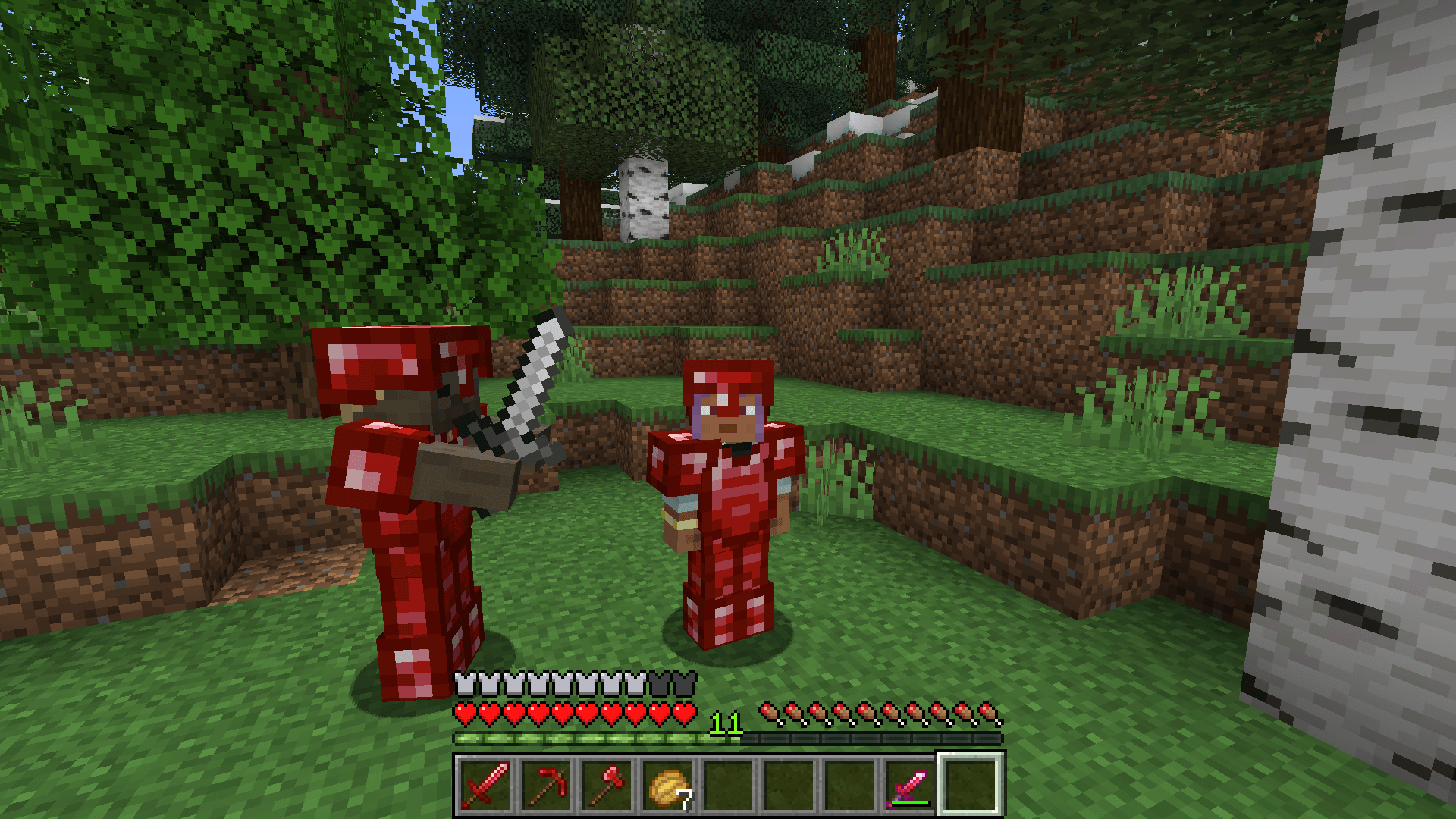 a player wearing ruby armor next to a husk