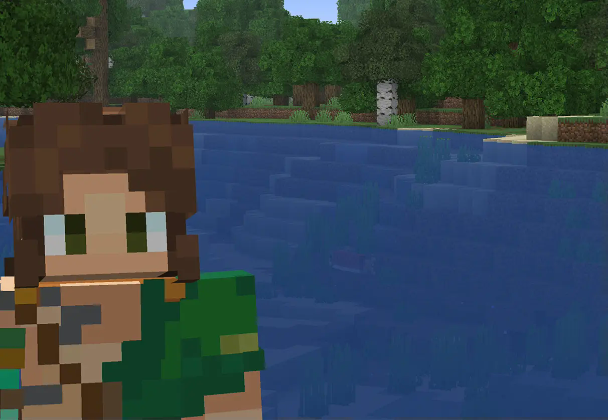 Image of minecraft river with a player up close facing the camera