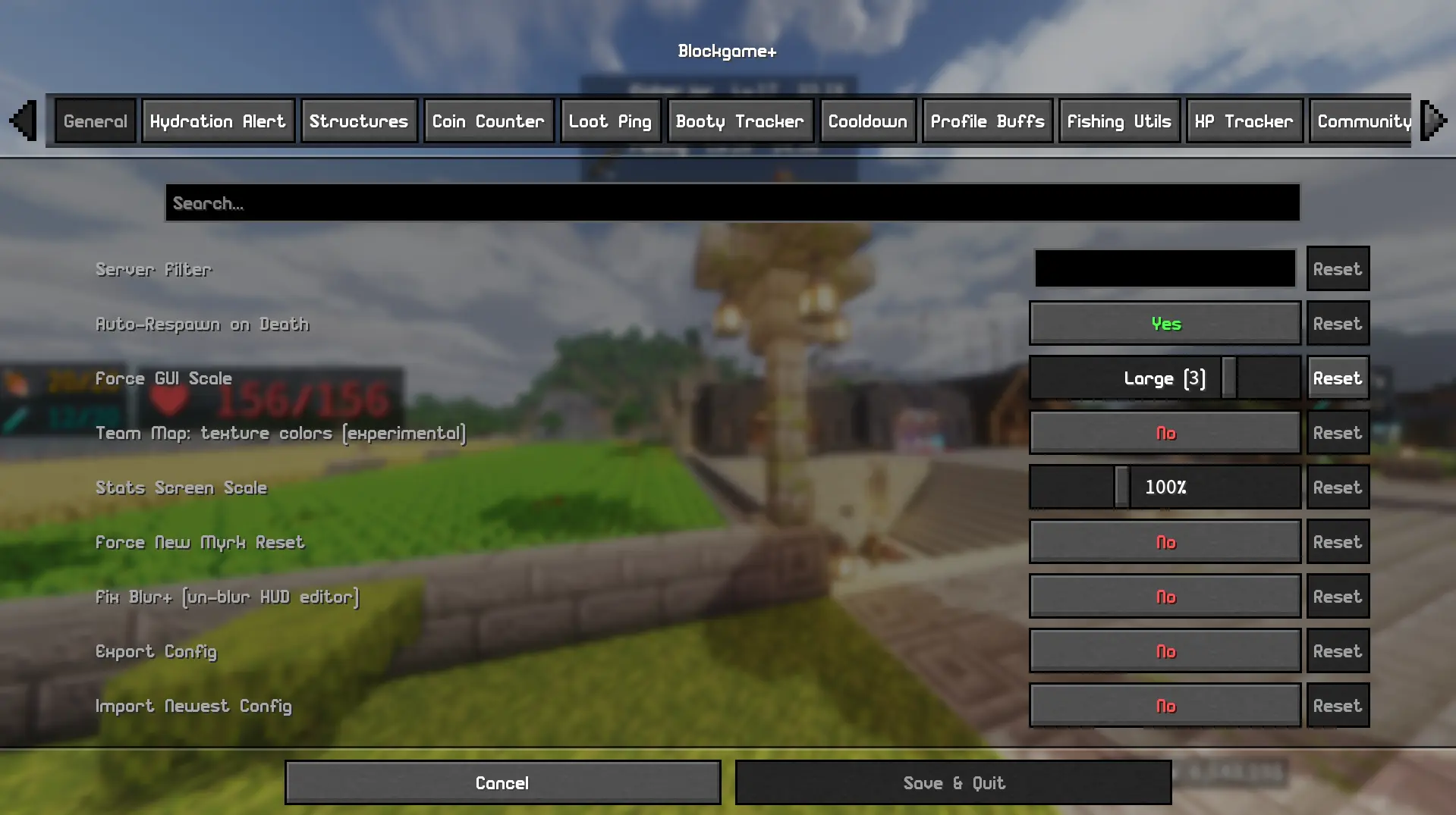 Vast settings menu