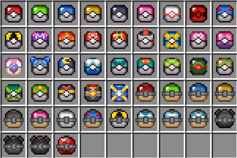 All the cobblemon pokeballs displayed with their new textures inside of a large chest