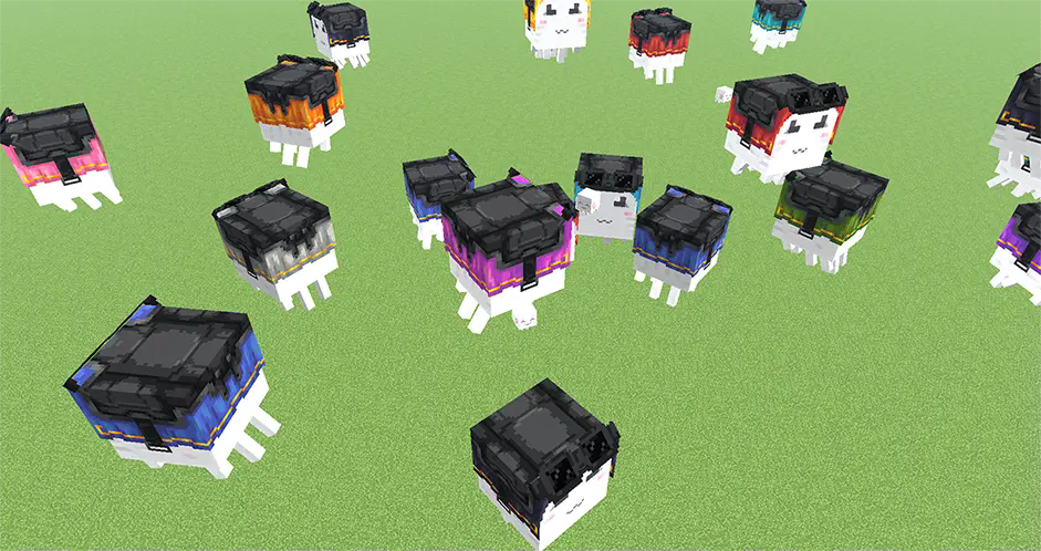 A wide shot in the sky looking down at a bunch of floating happy ghasts from 1.21.6 wearing the Black Ghast Harness.