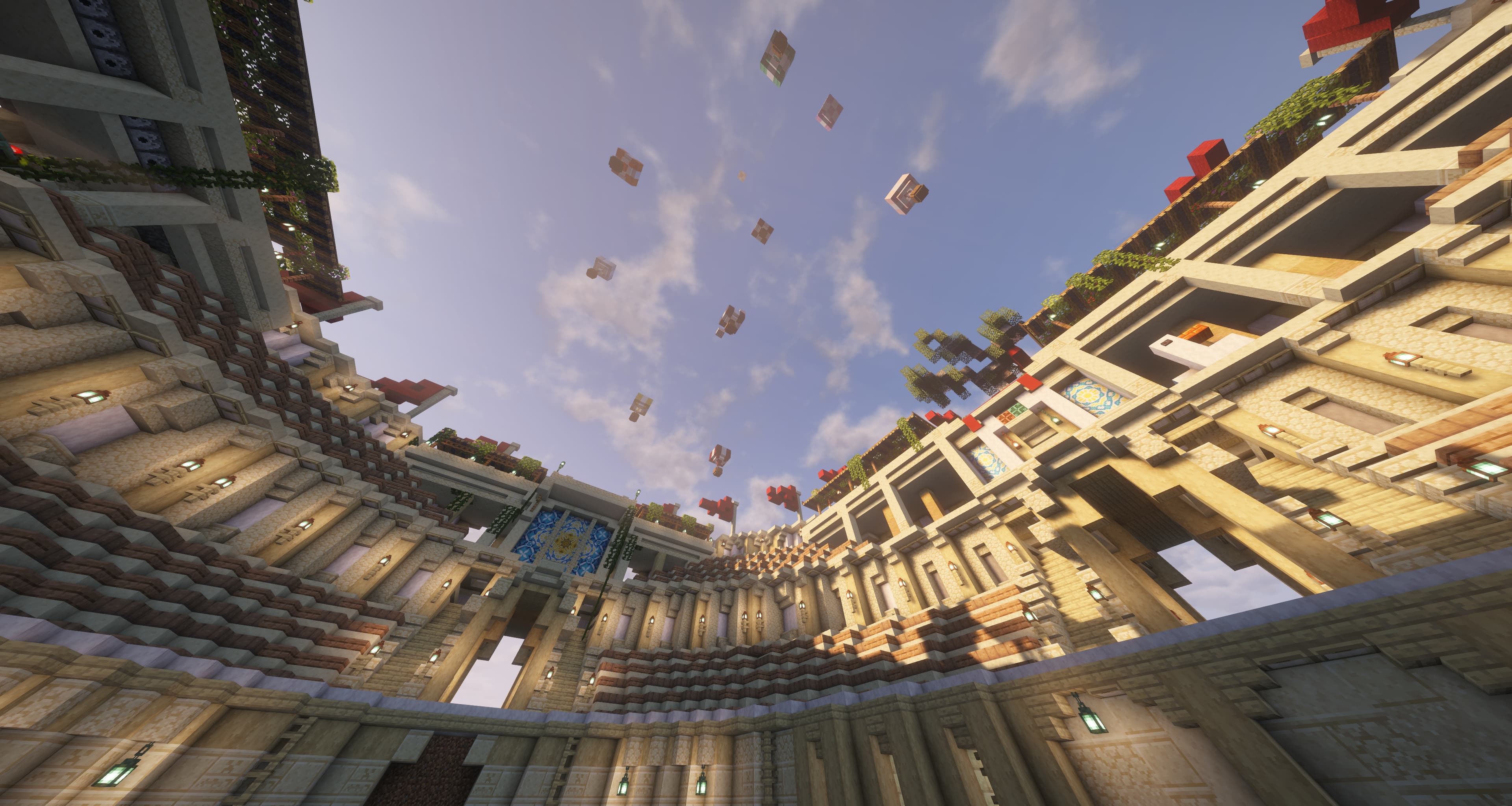 A low-angle shot of a colosseum, with hot air balloons in the air