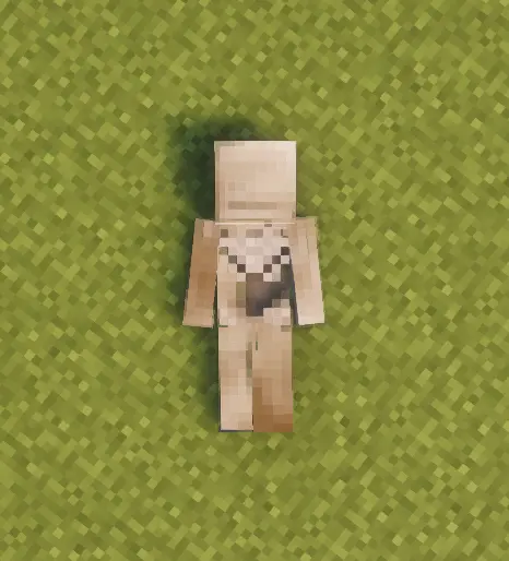 Top-down screenshot of a player corpse lying flat on grass, viewed from above. The body is oriented head-up, feet-down, lying face-up with arms spread slightly to the sides. The skin is a pale tan tone, with a lighter, whitish patch visible across the chest and upper abdomen — consistent with the early stage of the shroud forming over the body. A soft shadow is cast on the grass beneath the corpse.