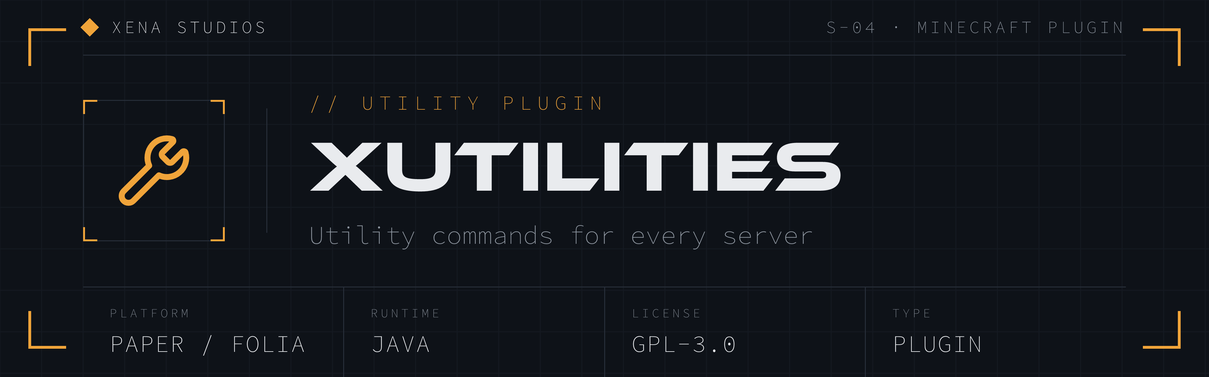 xUtilities by Xena Studios, a utility commands plugin for Paper and Folia. A wrench icon and the xUtilities wordmark on a dark mission-control style banner with the tagline "Utility commands for every server."