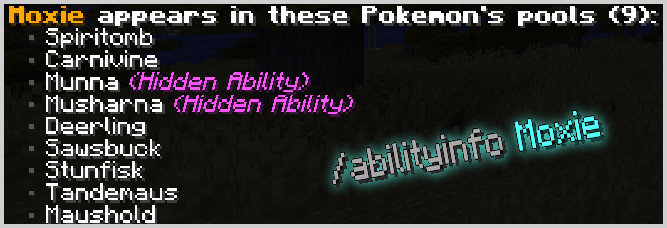 An image showing the ability info command being run on Moxie with a list of pokemon with Moxie being shown