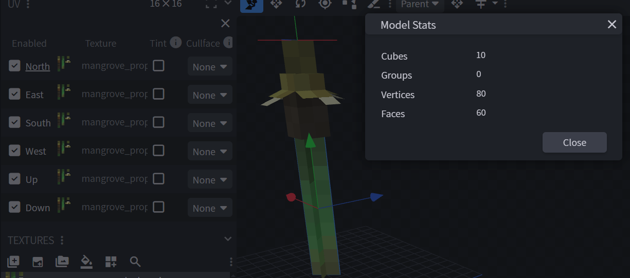 the vanilla mangrove propagule's age 4 hanging true block model, showing that it has 60 faces despite over half of those being unrendered. the left side shows the faces of one of the cross parts.