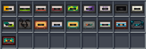 Image of Cassettes in Minecraft Creative menu, replacing their respective discs.