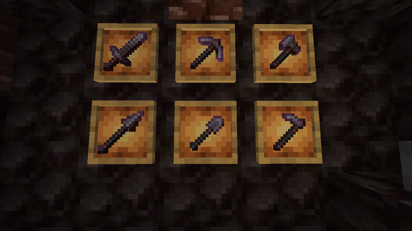 Netherite Weapons and Tools, displayed on Glow Item Frames, inside of a seemingly modified Bastion Remnant room with Ancient Debris.