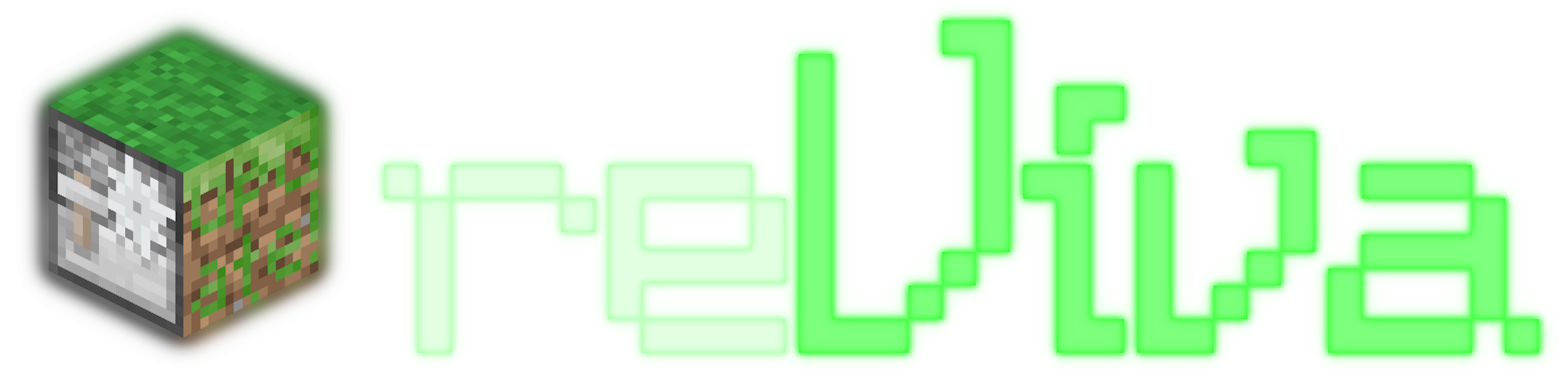 reViva logo. On the left side is the icon, a Minecraft block with the top being that of a grass block, the right side being that of a grass block with the word "Update!" and the left side being that of a stonecutter block. On the right side is the reViva text logo, which is in a pixelated font. It is green, with the "re" part of reViva being brighter green.