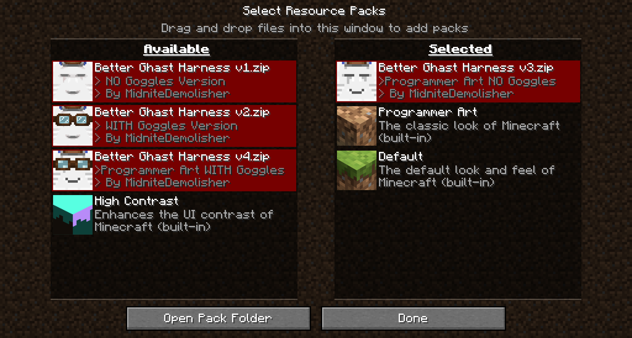 Image showing the pack order, with Better Ghast Harness activated above Programmer Art and Default.