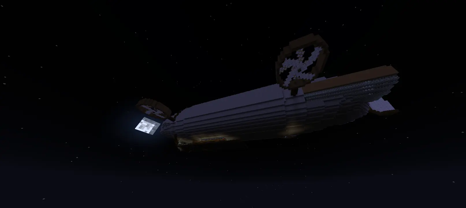 A Midnight sky, with a rustic-industrial blimp as the subject of the photo