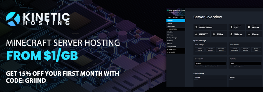 Partnership banner for Kinetic Hosting, displaying my promotional code for 15% off the first month of Minecraft server Hosting.