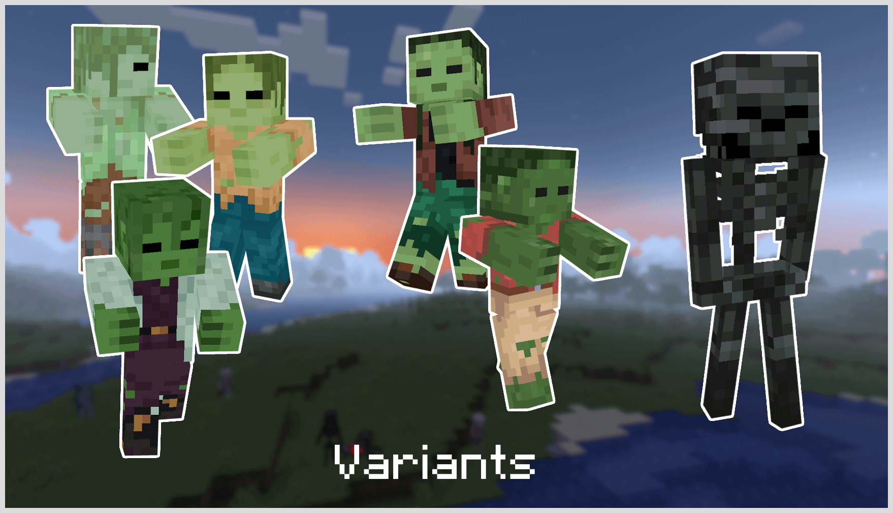 Picture showing the zombie variants and Wither Skeleton retexture.
