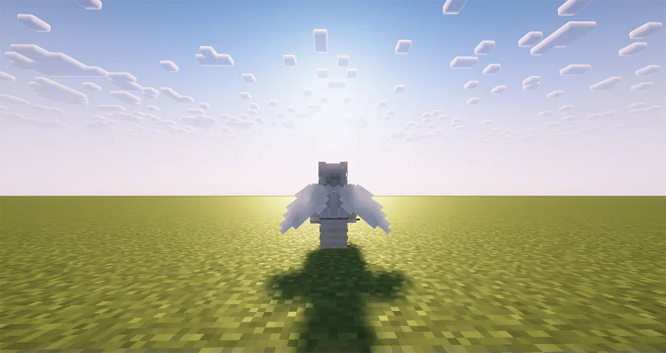 A cinematic shot centered on a minecraft character facing the sunset with their back turned towards the camera. They are wearing the Elytra Fairy Wings to showcase how magical they look with this view.