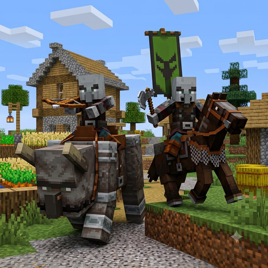 Pillagers riding a Ravager and a Horse