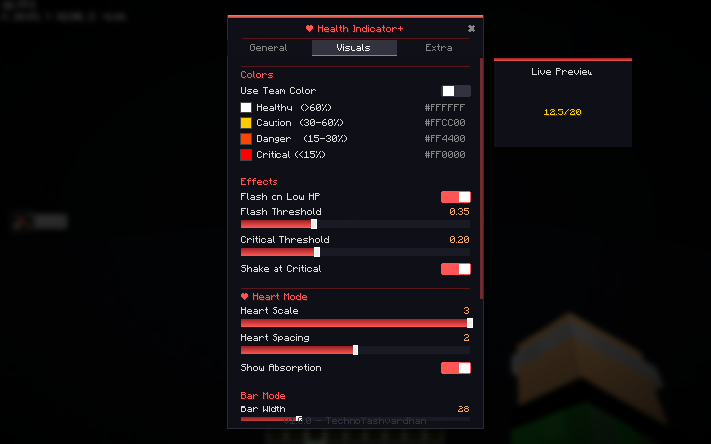 Complete control over your indicator's appearance with custom hex colors for every health threshold and built-in flash/shake combat effects.