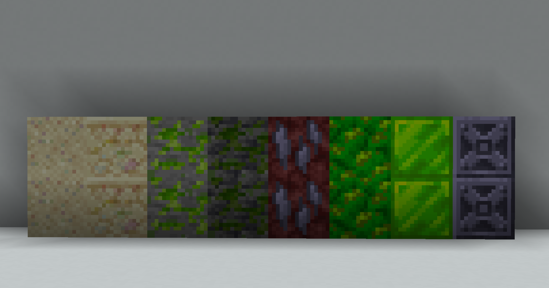 Some blocks in the mod (Left to right: Polychromite-Infused Sand, Polychromite Ore, Radium Ore, Deepslate Radium Ore, Deepsteel Ore, Block of Radium Sludge, Block of Uranium, Deepsteel Block)