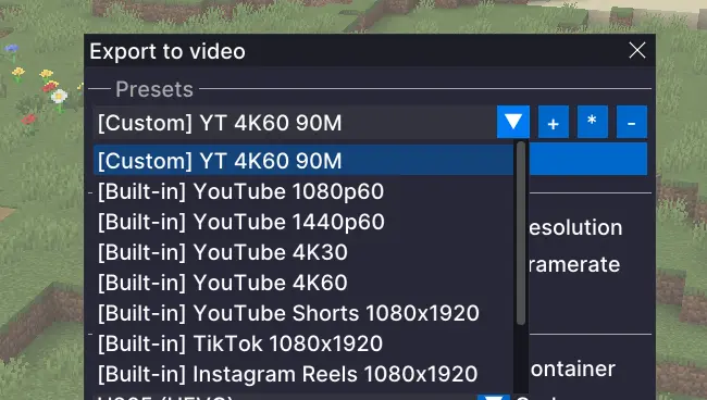 Export Presets Drtopdown