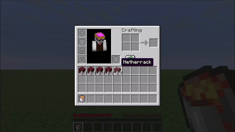 A player hovers over several stacks of netherrack in their inventory and presses the hotbar key bound to their Lava Bucket. Each item disappears one by one with a flame effect.