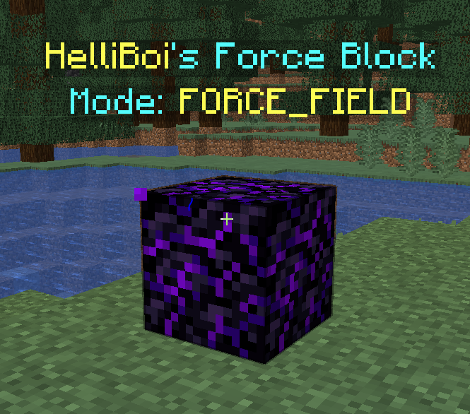 A visual representation of a ForceBlock with a hologram above it displaying the mode its in and whos ForceBlock it is