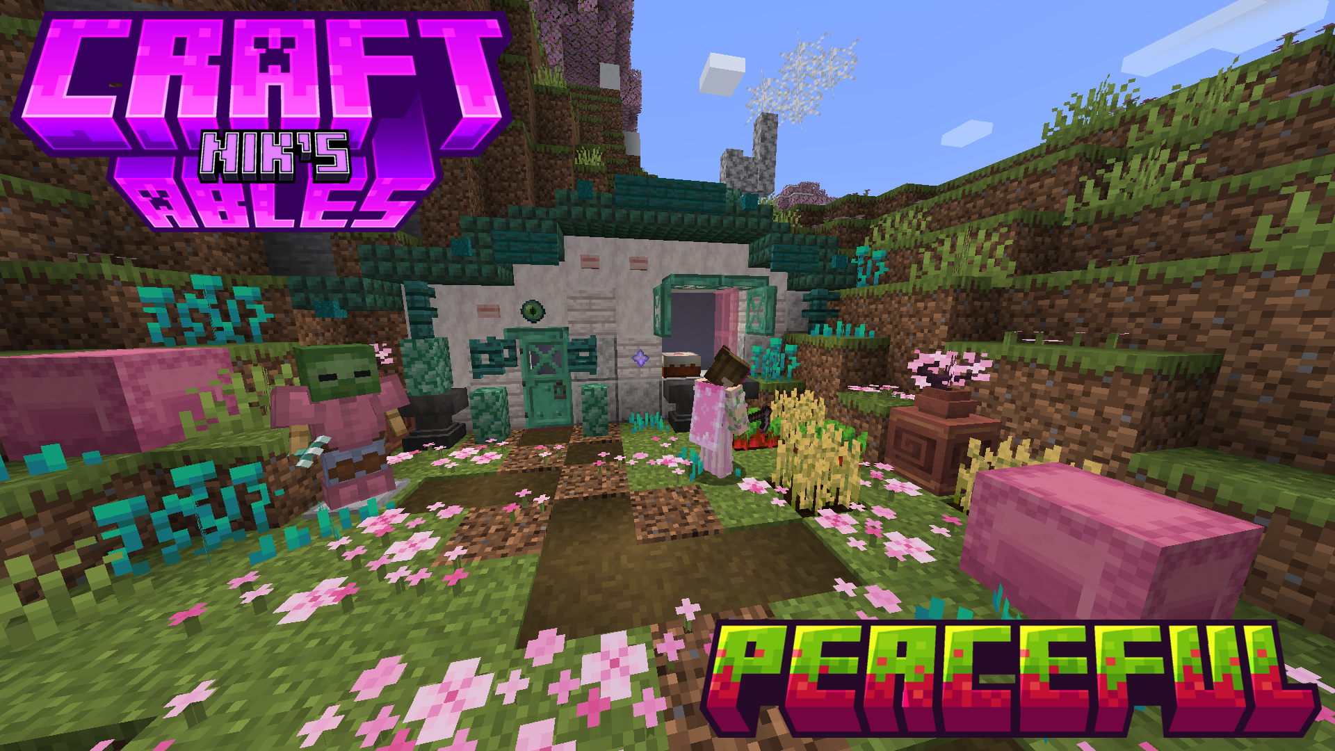 a white cabin with a cyan roof submerged into the hills in a cherry grove biome. theres a lot of cyan and pink plants scattered around. theres an armor stand with a zombie head, trident, pink leather tunic, light blue pants, and pink boots, to the left. in the center theres a player in a pink dress and cherry blossom cape. they are farming wheat and beetroot with a netherite hoe. there is text that reads "nik's craftables" and "peaceful" in block letters.
