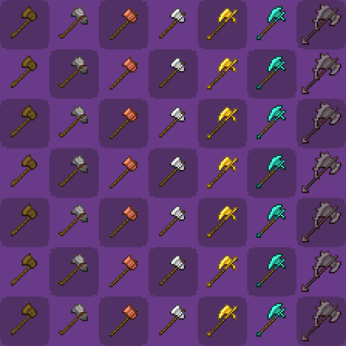 All the axes displayed on a purple-checkered background.