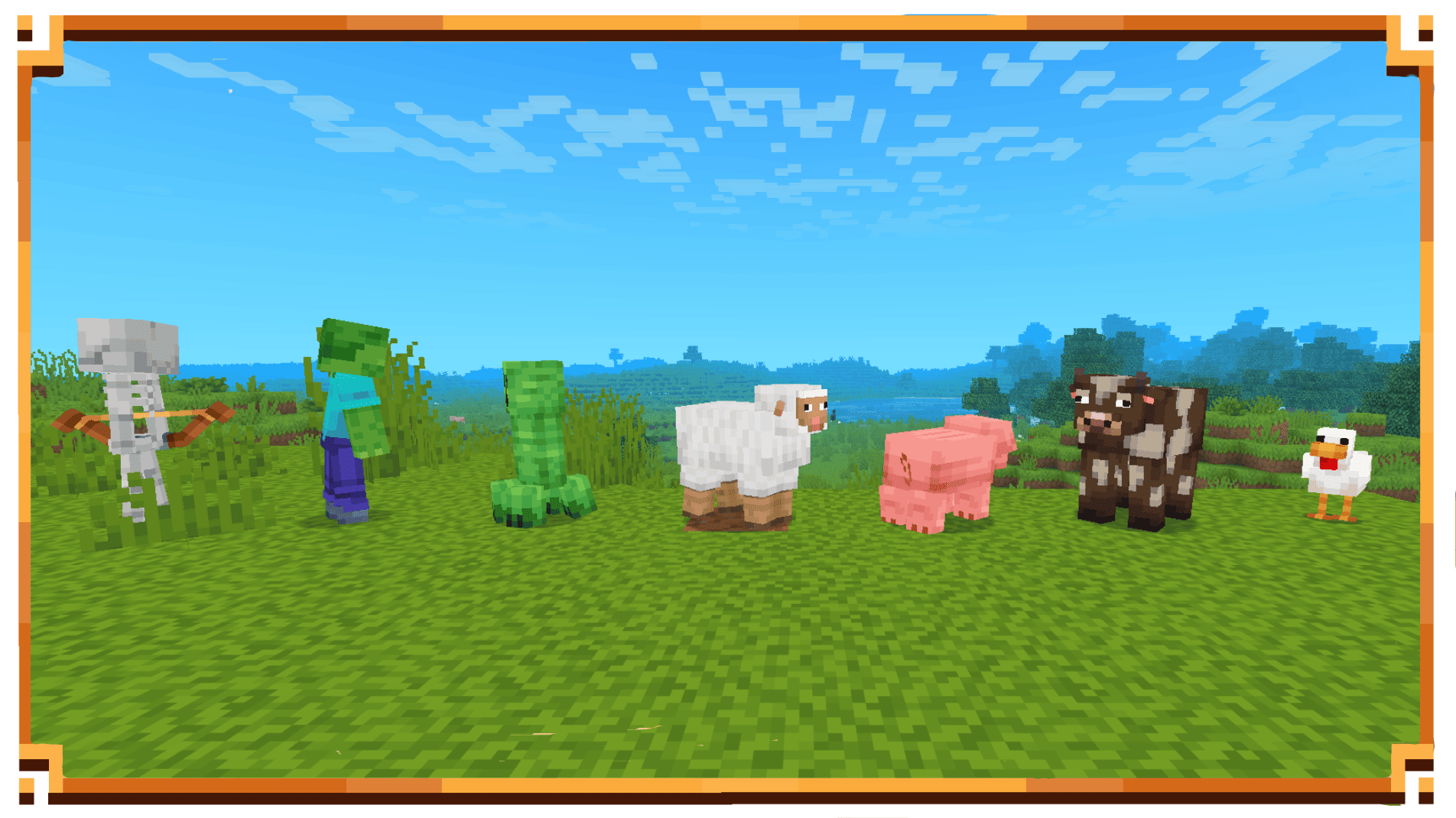 Mobs(skeleton,zombie,creeper,sheep,pig,cow and chicken)