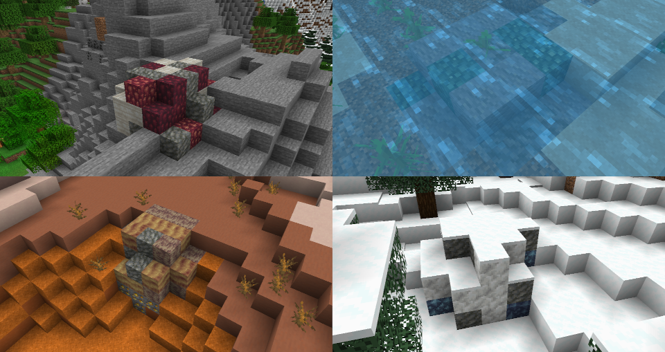 A collage of four screenshots showing respectively: a boulder of crimsite in a mountain, a boulder of veridium in the ocean, a boulder of ochrum in a badlands biome, and a bouler of asurine in a grove