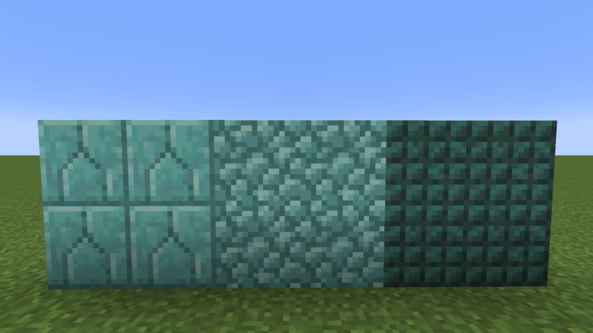 Prismarine, Prismarine Bricks and Dark Prismarine side by side showing the changes in colour.