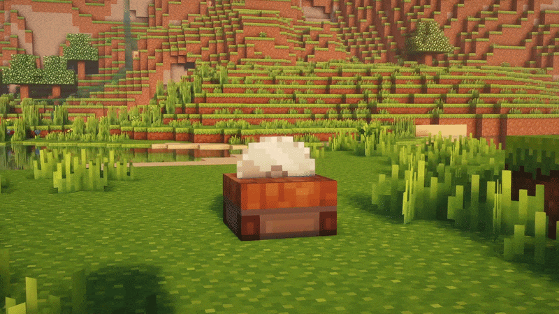 A Minecraft Woodcutter block with a custom 16x16 pixel art texture inspired by Whimscape, rotating to show its different sides against a Minecraft background.