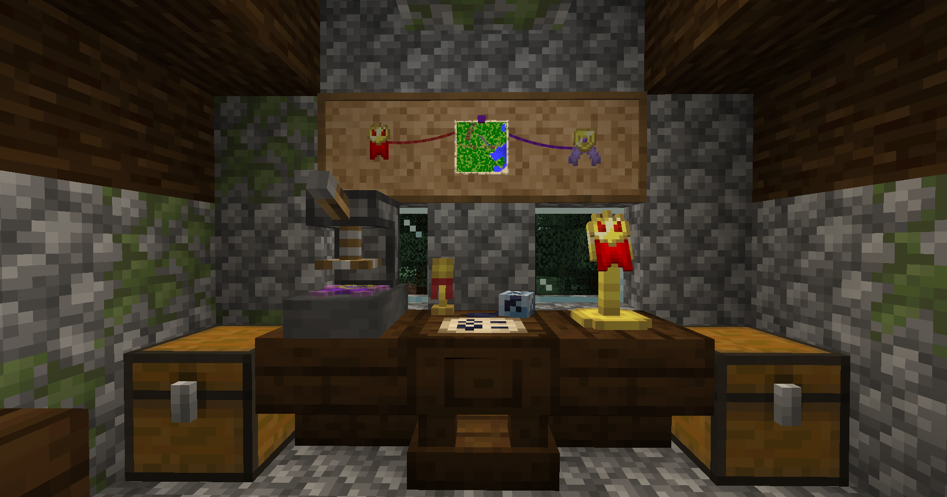 Screenshot of the mod showing a design table, a badge forge, a badge display stand and a corkboard displaying two badges and a map.