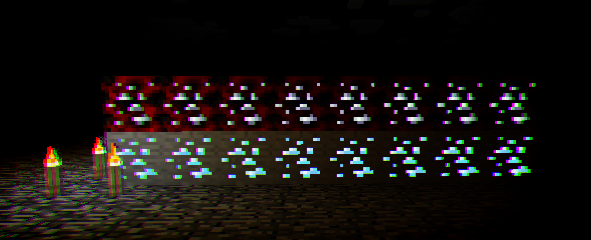 A Showcase of the Silver and False Diamond Ore glowing in the dark