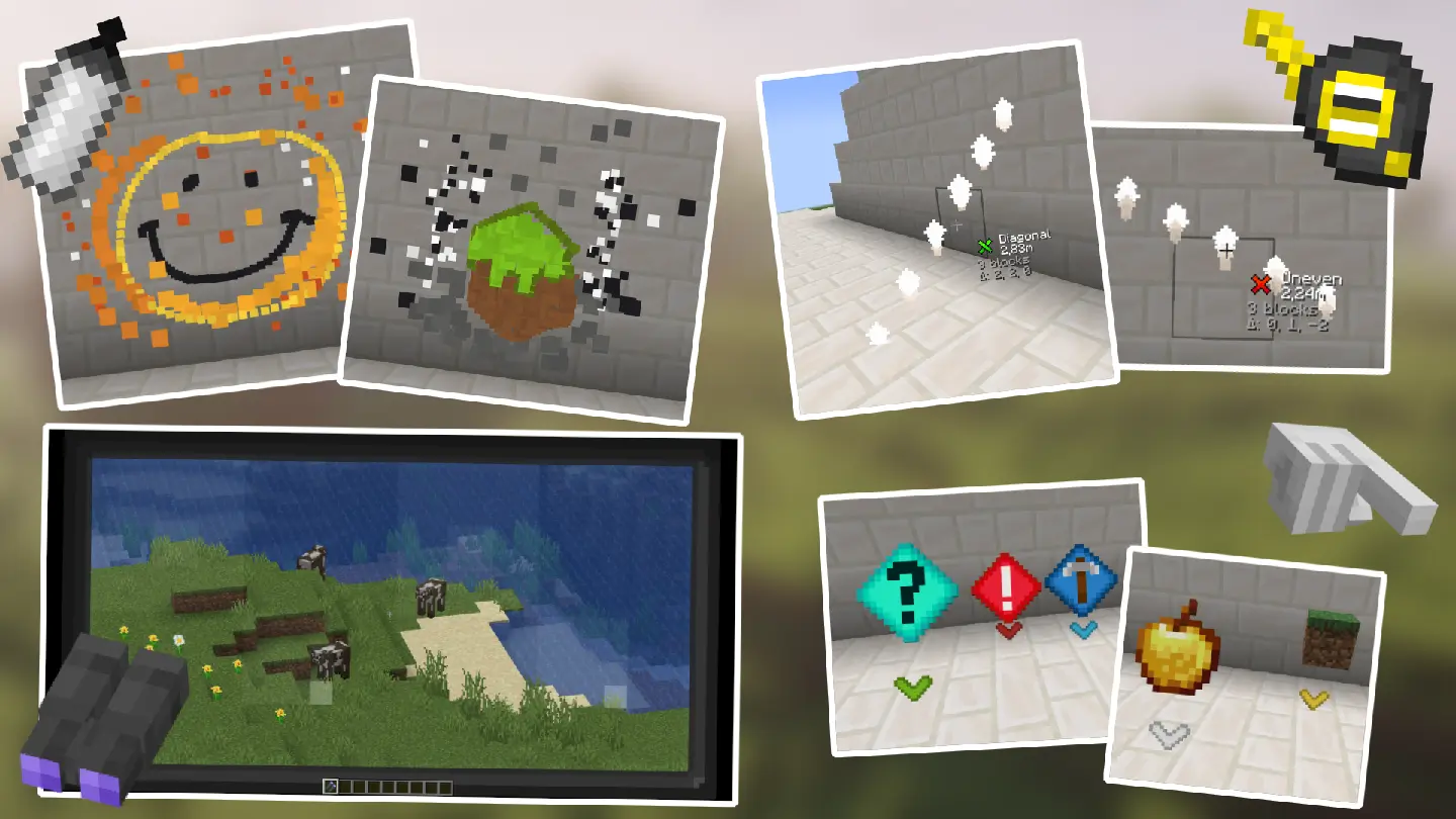 An image of modded Minecraft tools, divided into four corners. Top-left corner depicts a Spray can, with two examples, a yellow burning Smiley face, and a falling Grass block. Top-right corner depicts a Tape Measure, with two examples, those being a 3D diagonal line, and a 2D uneven line. Bottom-left depicts some Binoculars, zooming in on herd of Cows. Bottom-right depicts the "Spotter" item, along with its different Marker modes (Look, Danger, Mine, and two Offhand examples)