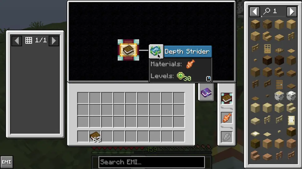 Putting a tropical fish into the enchanting table changes the node before into a prompt to apply Depth Strider onto the book for 30 levels.