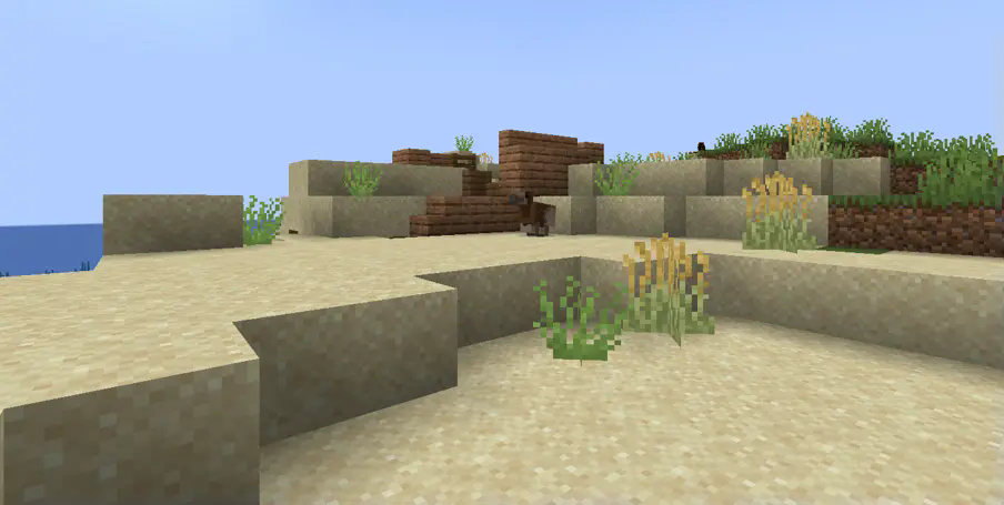 Dodo in the updated beach biome, with sea oats and dry shrub plants.