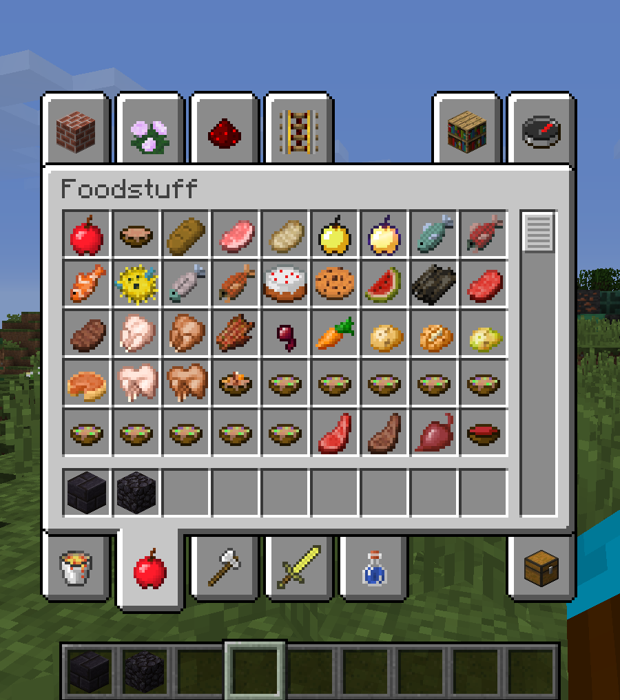 The Creative menu of minecraft with all the foods