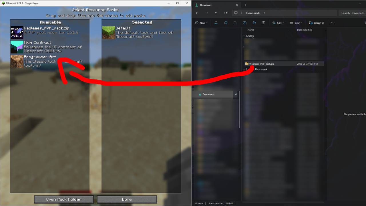 Image indicating how to import a resource pack into Minecraft