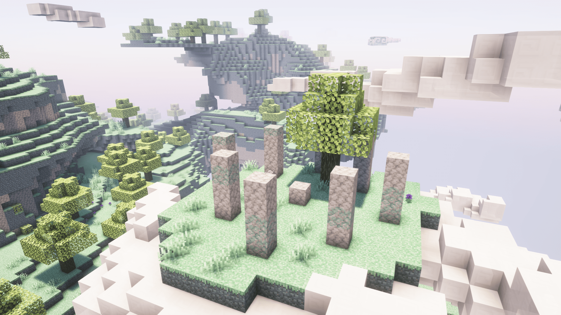 a holy stone circle with a tree on a floating island