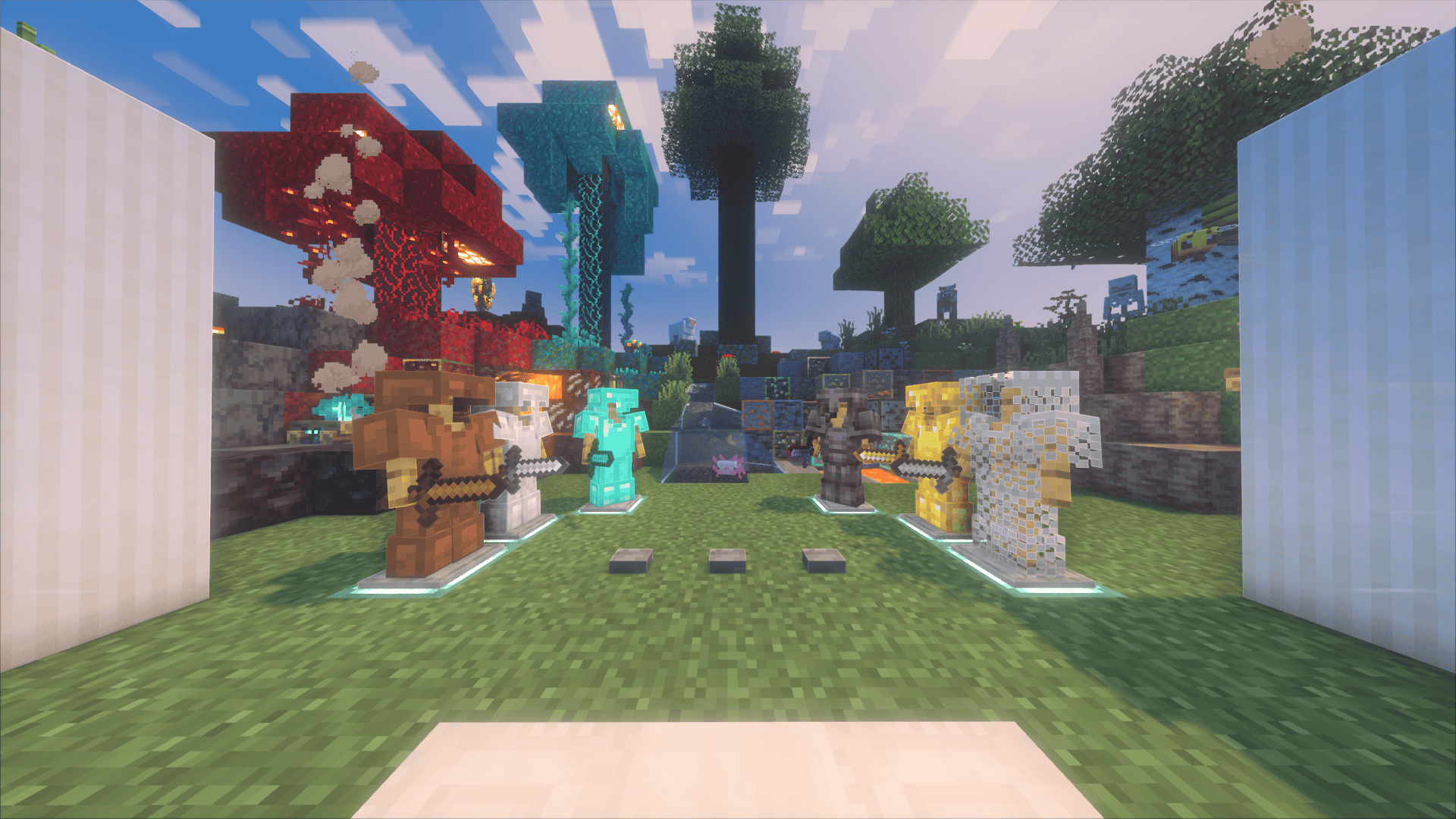 Showcase of custom armor textures, enhanced ore blocks, Nether-themed textures, and decorative visual improvements included in the pack. The textures are designed to remain faithful to Minecraft's vanilla style while providing a more polished appearance.