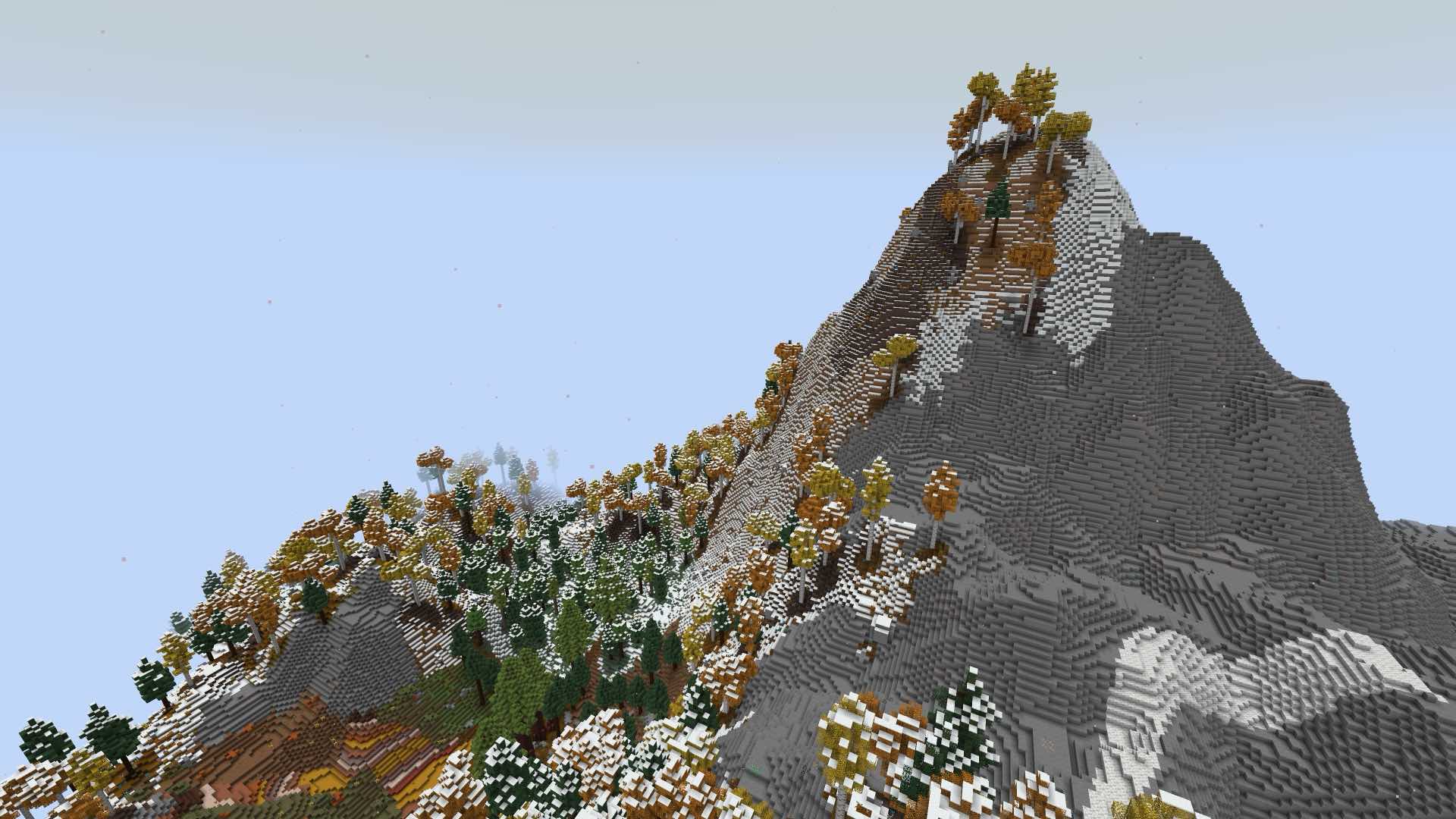 A tall Minecraft mountain with trees on it