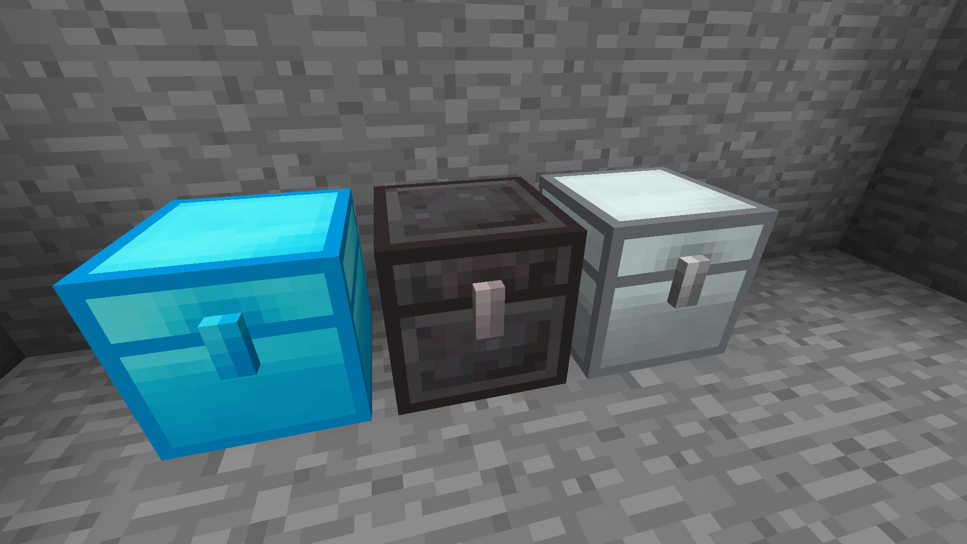 A Netherite Chest against a wall of Stone blocks, flanked to the left by a Diamond Chest and to the right by an Iron Chest