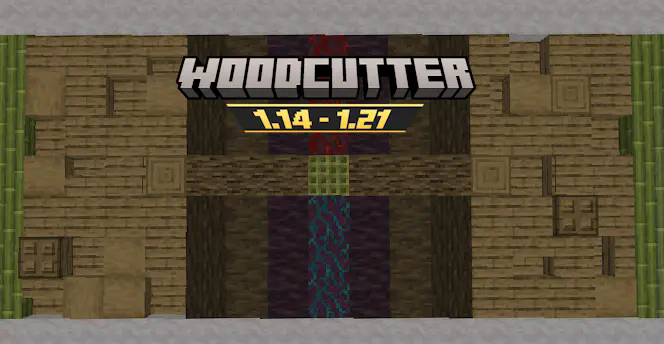 A thumbnail image, showing the woodcutter logo over a wall of minecraft wood