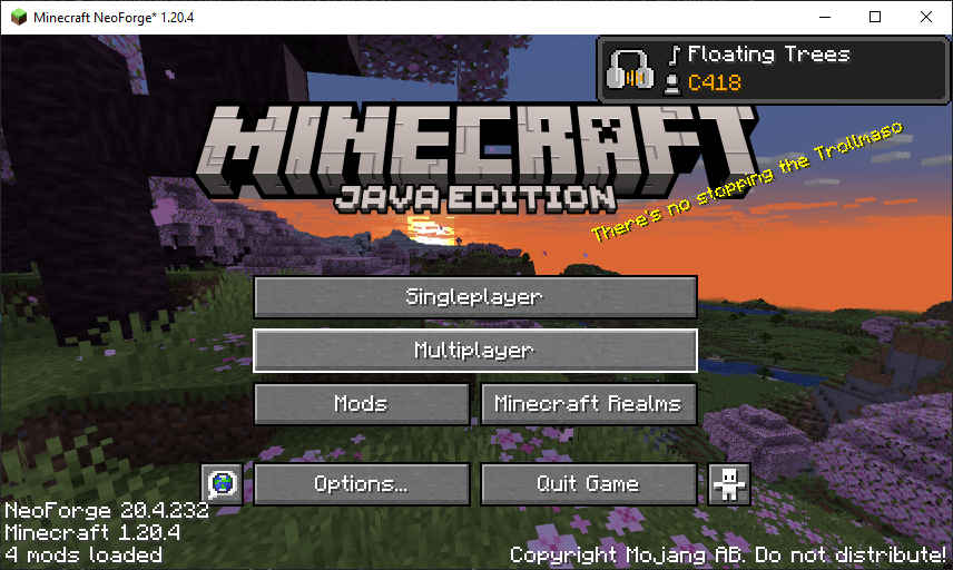 A screenshot of the main menu of Minecraft, with a toast in the upper right-hand corner showing the current song playing to be Floating Trees by C418