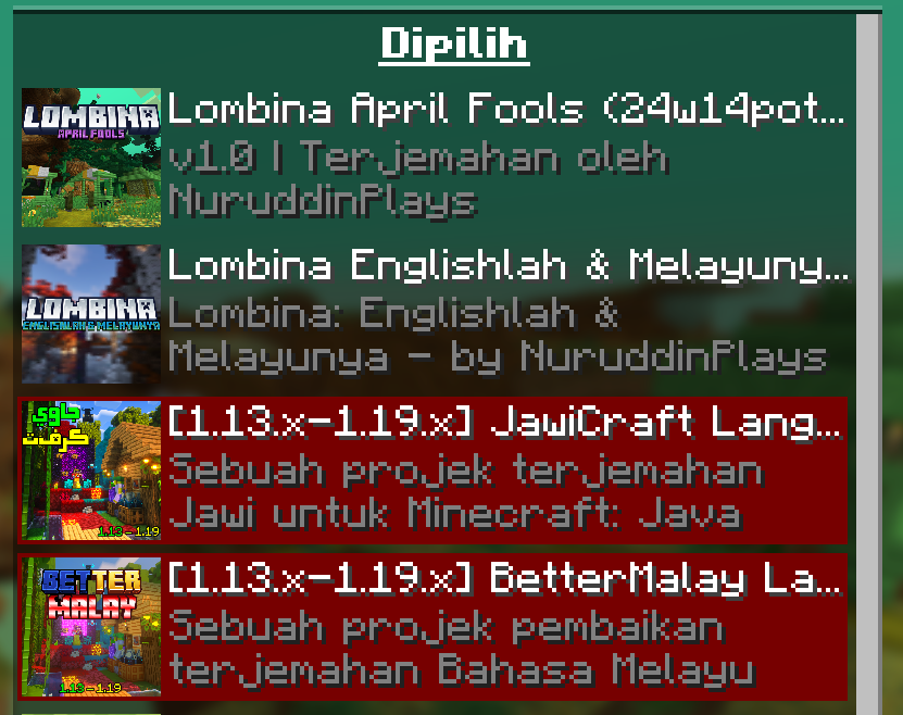 Resource pack list for the pairing