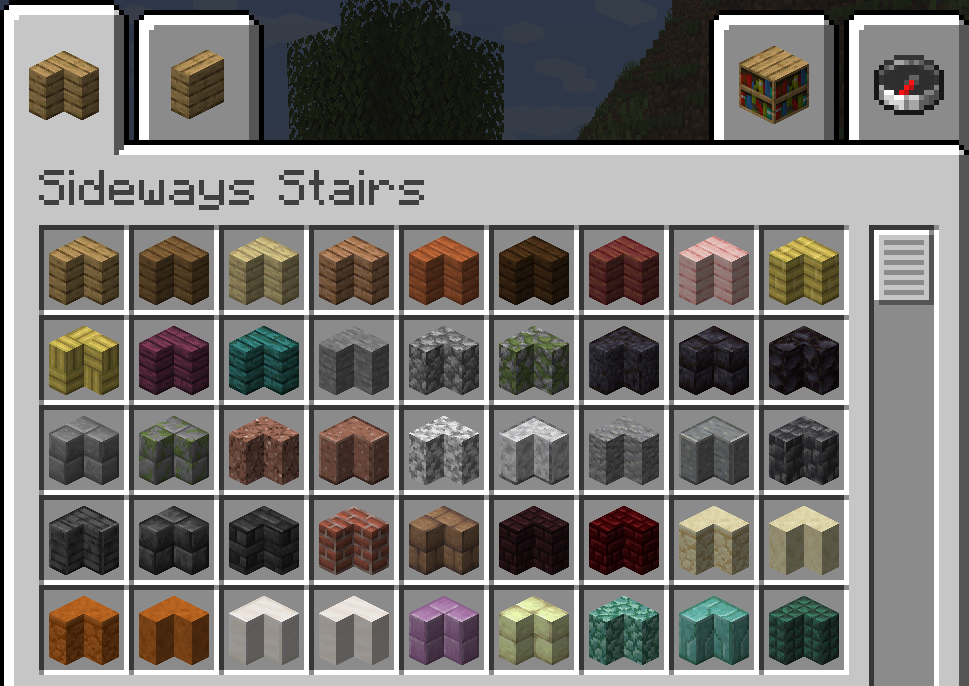 In-game screenshot of the custom creative inventory tab filled with sideways stairs
