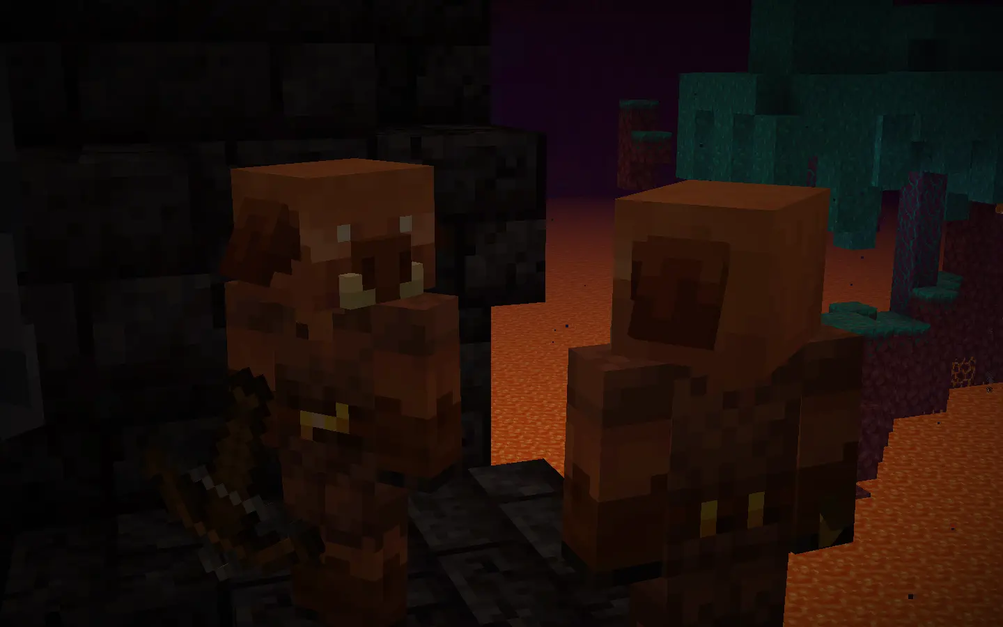 Two Piglins staring at each other 两个猪灵四目相对
